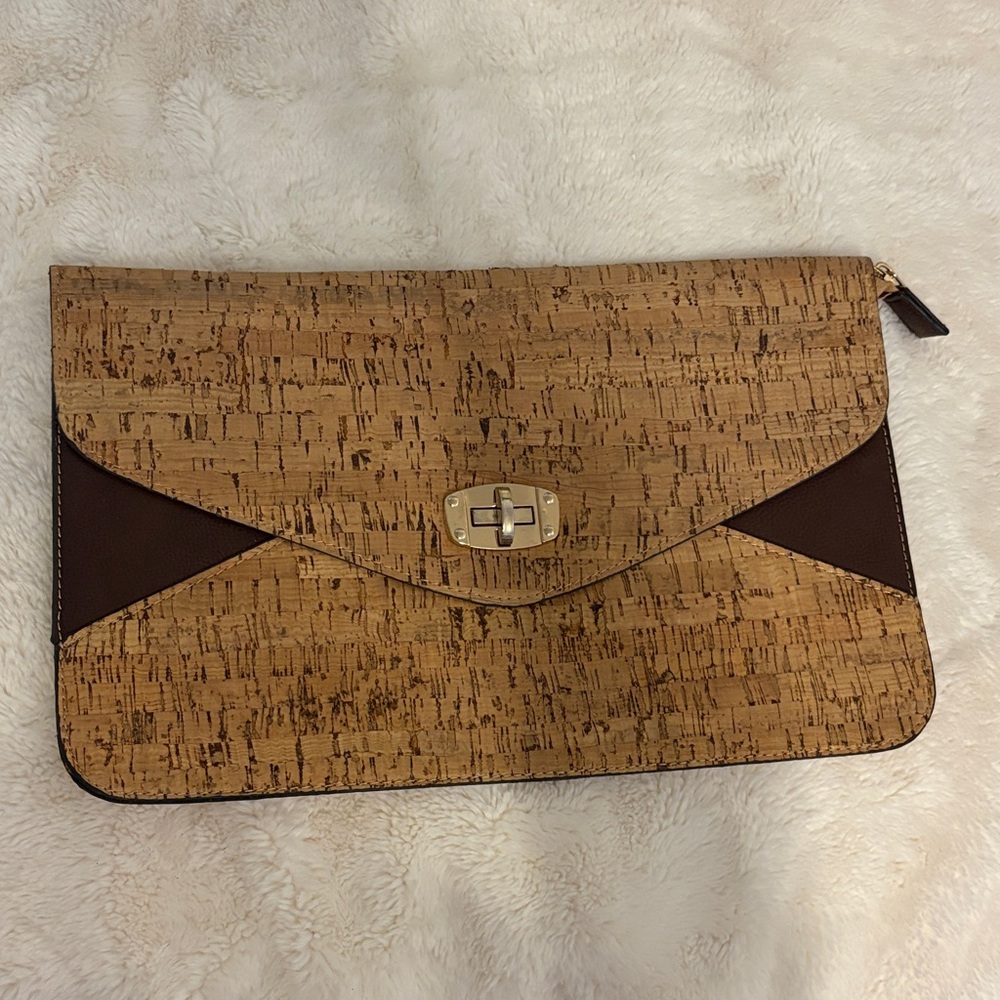Cork & Brown Leather Accent Clutch Envelope Bag